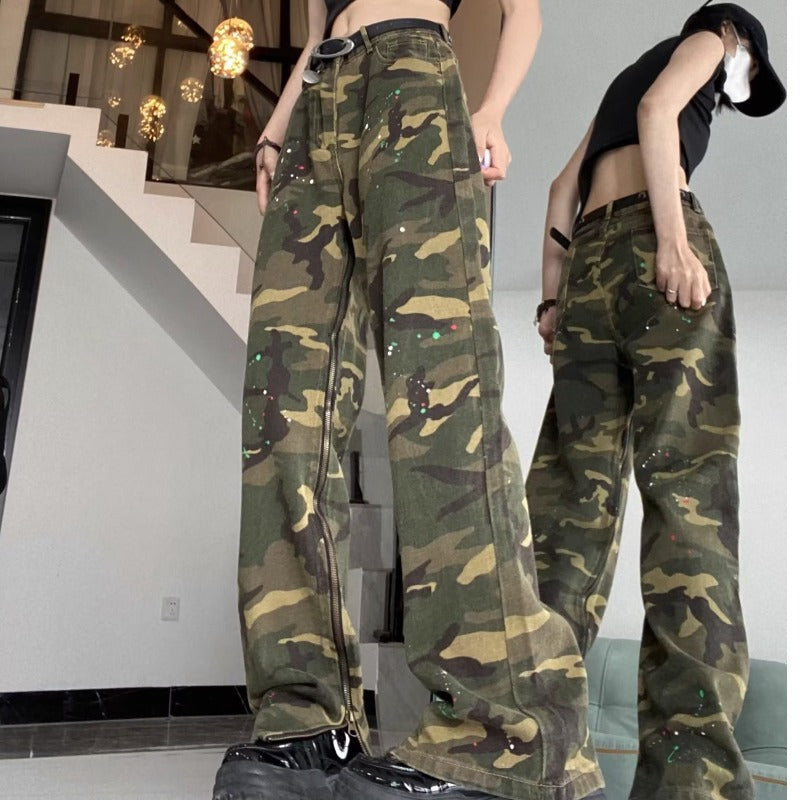 Camouflage Washed Straight Leg Denim Pants